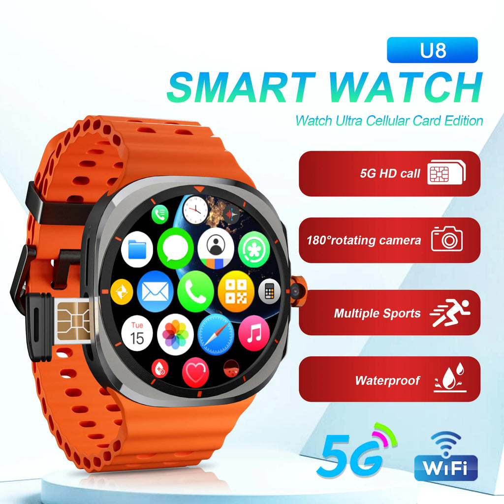 U8 Ultra 5G SIM Card WiFi Smartwatch GPS Positioning Compass 3GB+32GB Smart Watch Men HD 180°Rotating Camera Sport Smart Watch