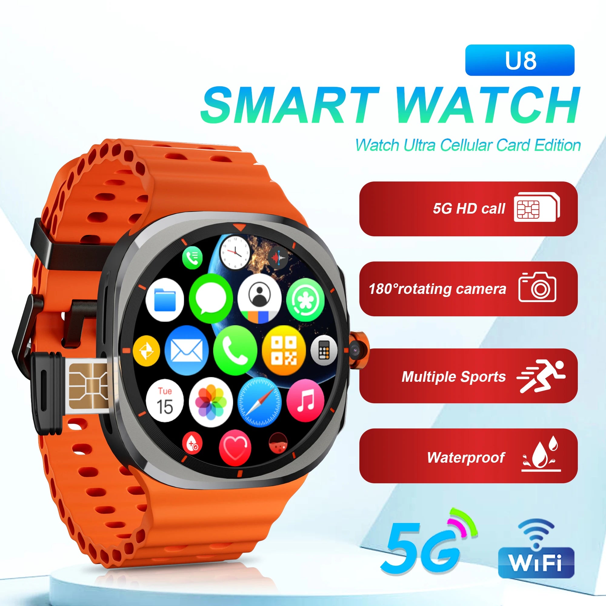 U8 Ultra 5G SIM Card WiFi Smartwatch GPS Positioning Compass 3GB+32GB Smart Watch Men HD 180°Rotating Camera Sport Smart Watch