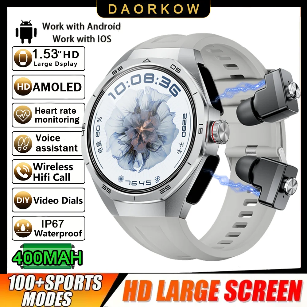 New Smart Watch Men TWS 2-in-1 Bluetooth Earphones With Built-in Speaker HIFI  1.53HD SCreen Bluetooth Call IP67 Waterproof