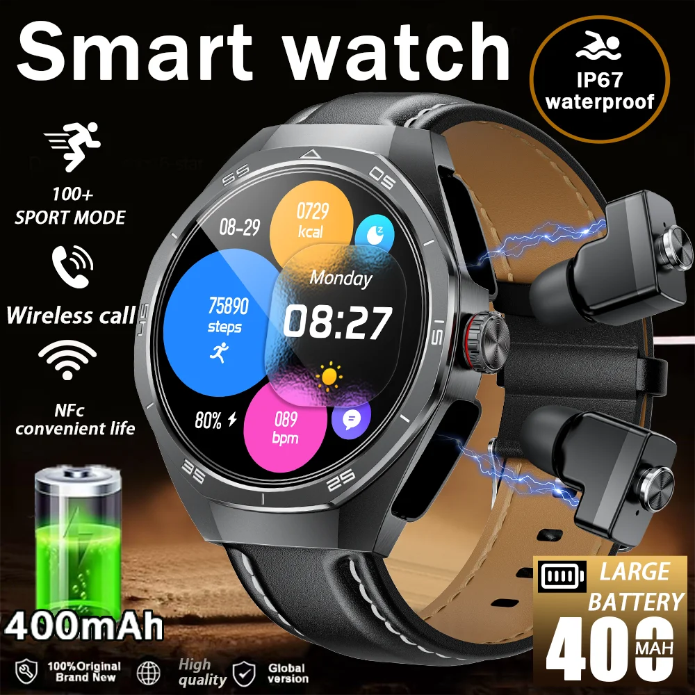 New Smart Watch Men TWS 2-in-1 Bluetooth Earphones With Built-in Speaker HIFI  1.53HD SCreen Bluetooth Call IP67 Waterproof