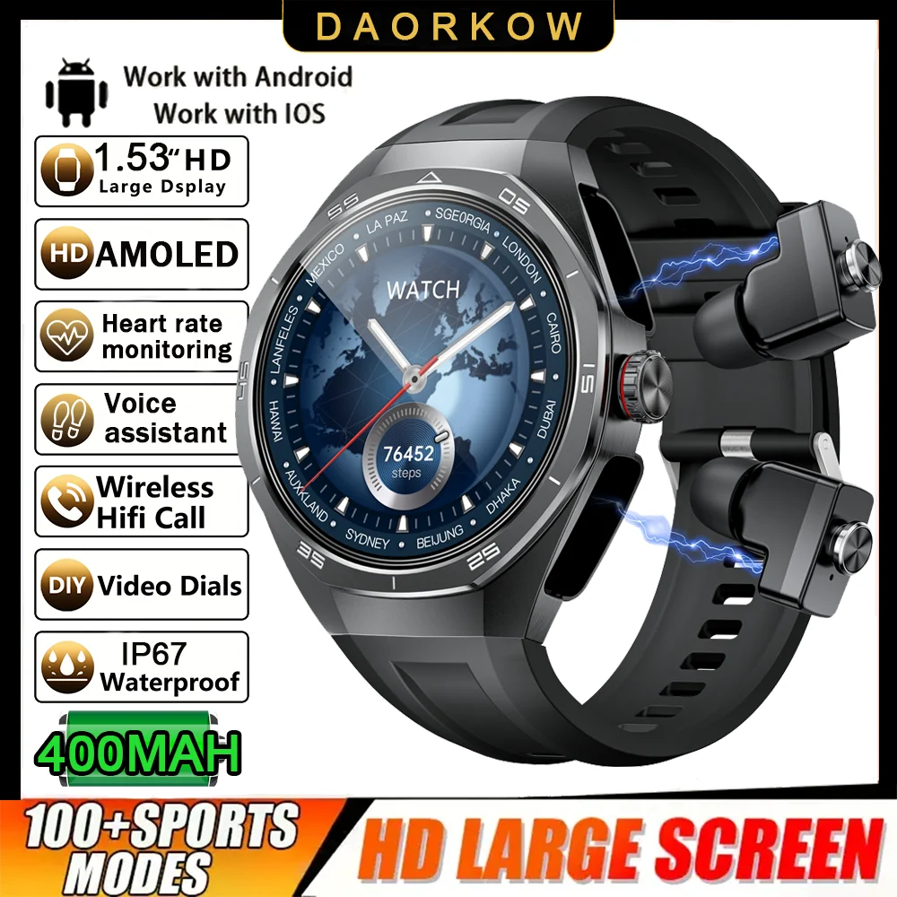 New Smart Watch Men TWS 2-in-1 Bluetooth Earphones With Built-in Speaker HIFI  1.53HD SCreen Bluetooth Call IP67 Waterproof