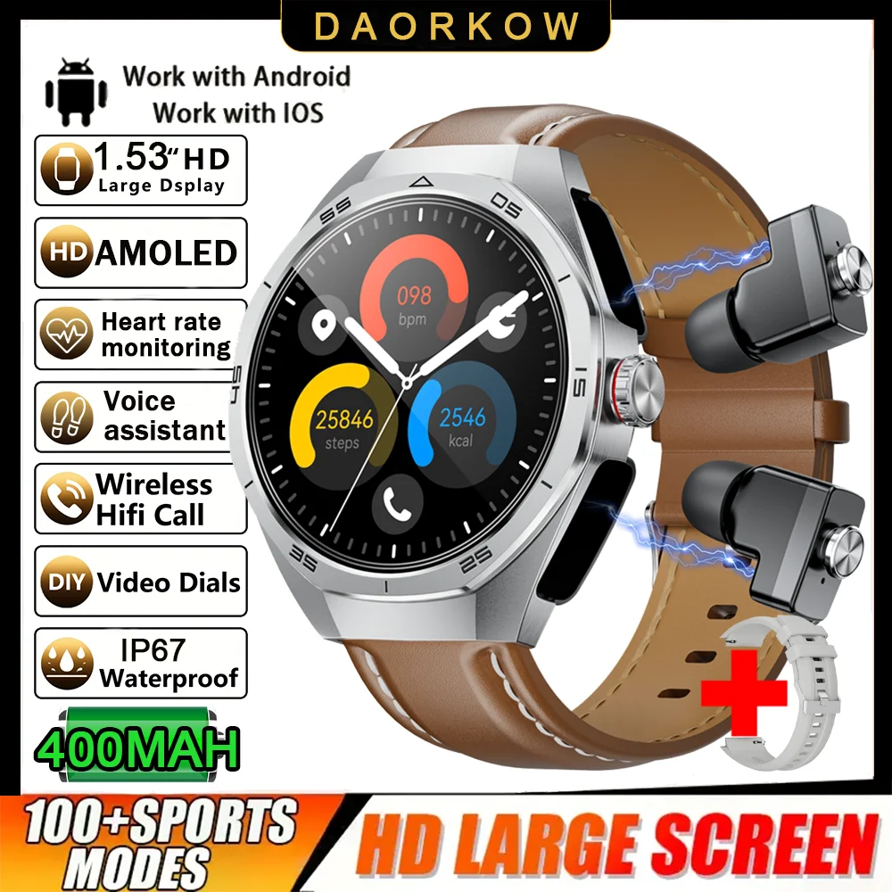 New Smart Watch Men TWS 2-in-1 Bluetooth Earphones With Built-in Speaker HIFI  1.53HD SCreen Bluetooth Call IP67 Waterproof