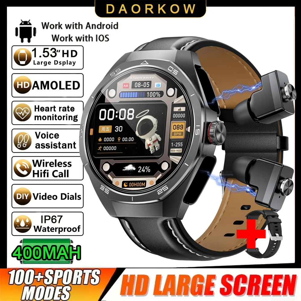 New Smart Watch Men TWS 2-in-1 Bluetooth Earphones With Built-in Speaker HIFI  1.53HD SCreen Bluetooth Call IP67 Waterproof